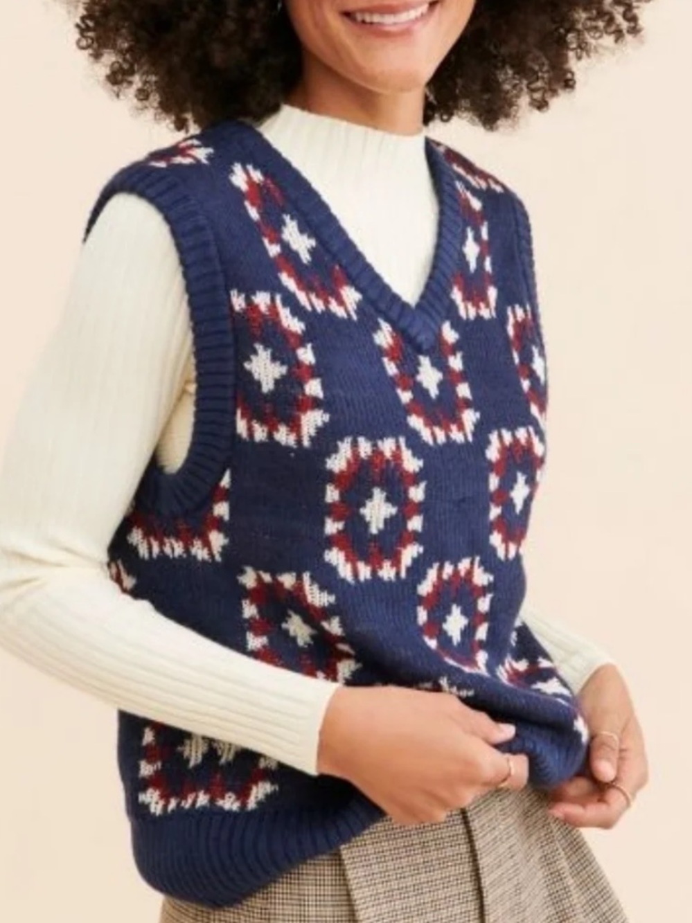 NWOT BDG Navy Knit Vest with Red and White Geometric Pattern